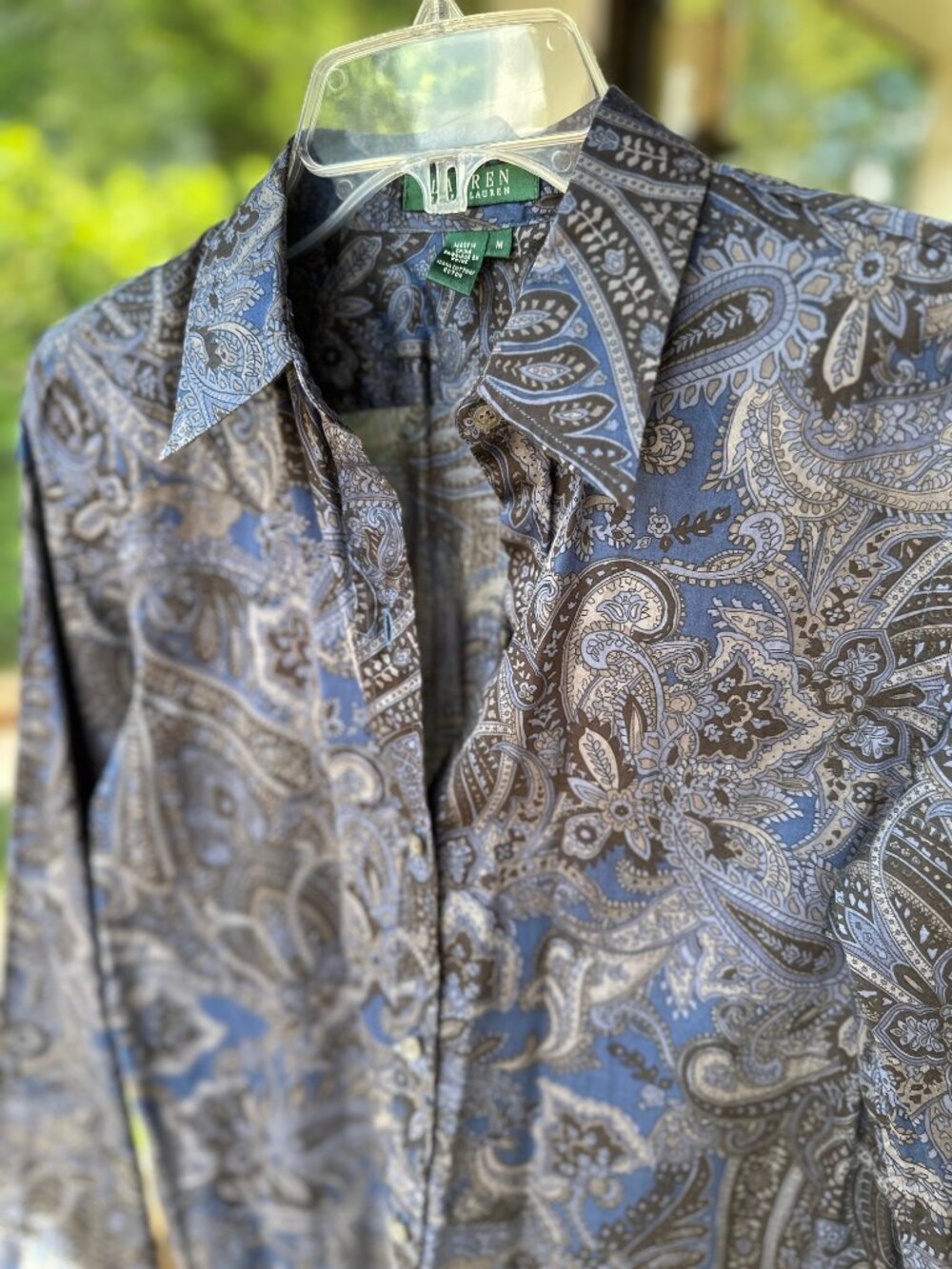 Ralph Lauren Paisley 100% Cotton Button Front Shirt Blouse Blue Black Gray Sz M